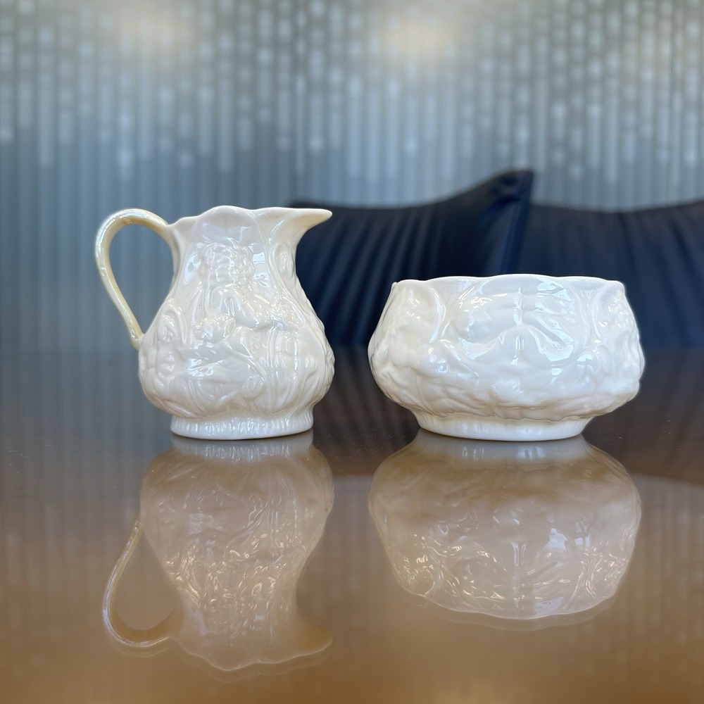 Antique Belleek‎ Irish Porcelain Floral Pattern Creamer & Sugar Dish Green Mark
